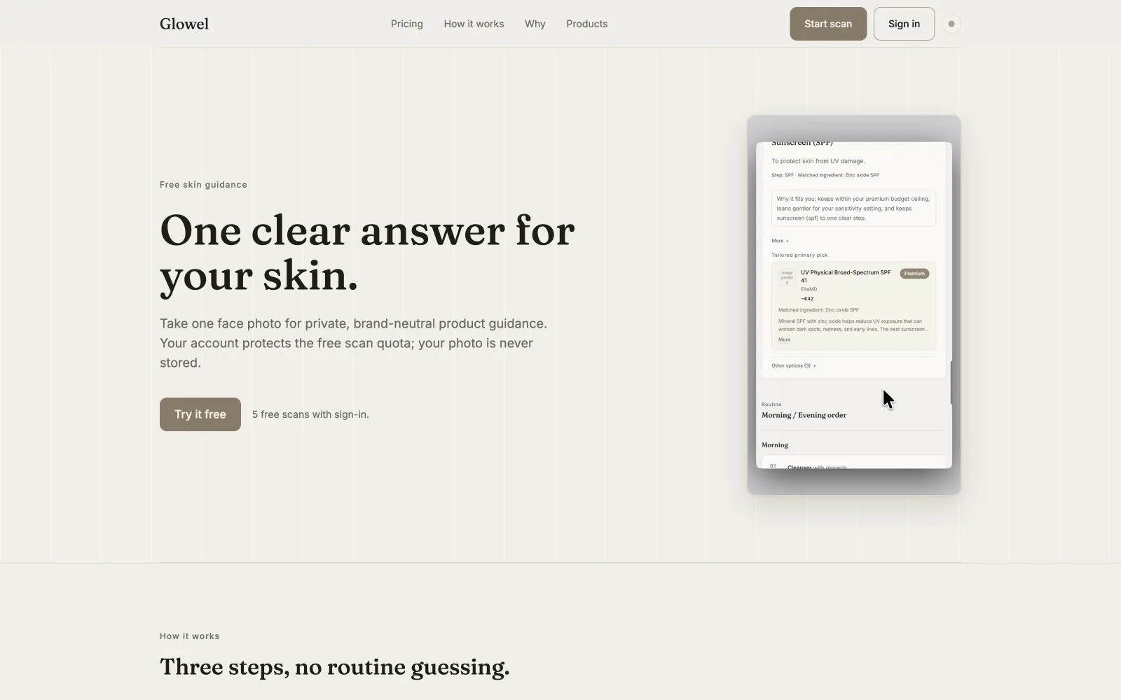 Glowel landing page concept with skincare scan call to action and phone demo.