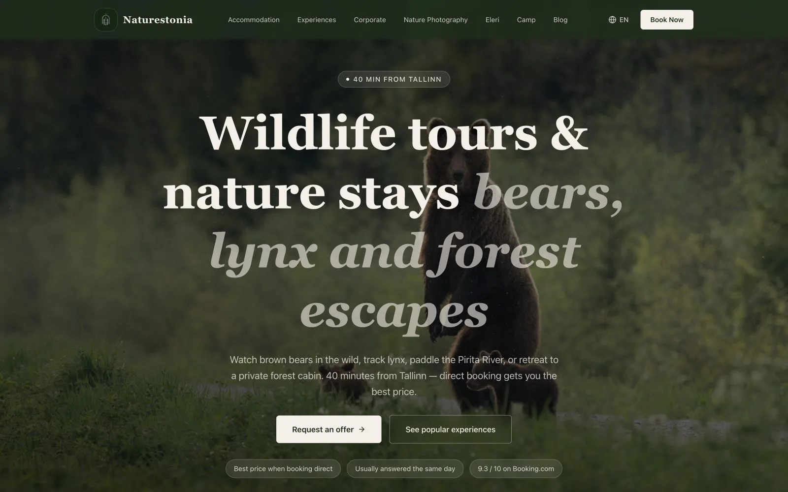 Naturestonia homepage hero with wildlife tourism overview and booking intent.